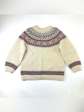 Fairisle handknit pullover sweater Womens Small rose cream Alpine winter